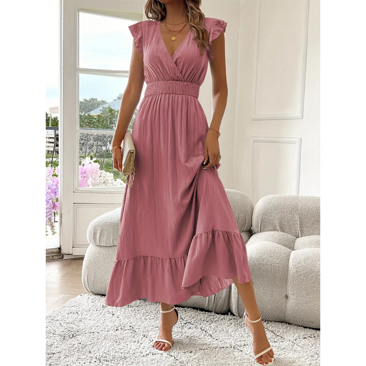 AVALERI™ – Elegantes gerafftes Sommer-Maxikleid mit V-Ausschnitt