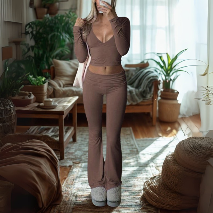 SINA™ - Lässiges V-Ausschnitt Langarm Crop Top und Hosen Set