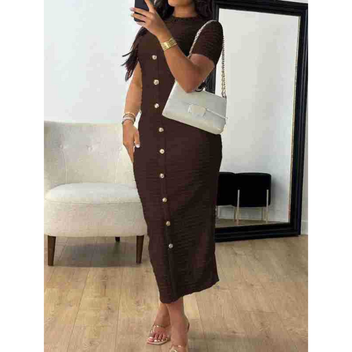 ALINA™ – Elegantes figurbetontes Midikleid mit Rundhalsausschnitt