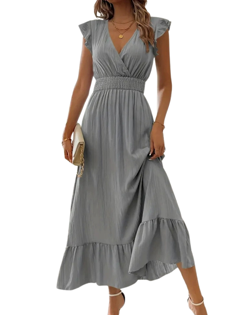 ARIELLE™ – Gerafftes V-Ausschnitt Freizeit-Maxikleid