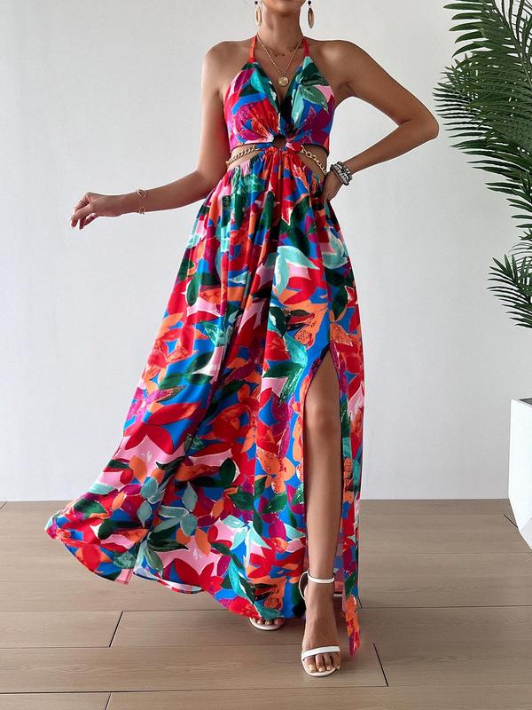HANNAH™ - Camisole-Kleid mit Blumenmuster, Kettenverzierung und Beinschlitz für den Strandurlaub