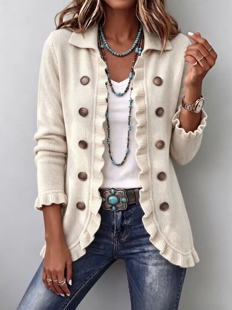 Vittoria | Gerippte Strickjacke in Elfenbein mit Volants