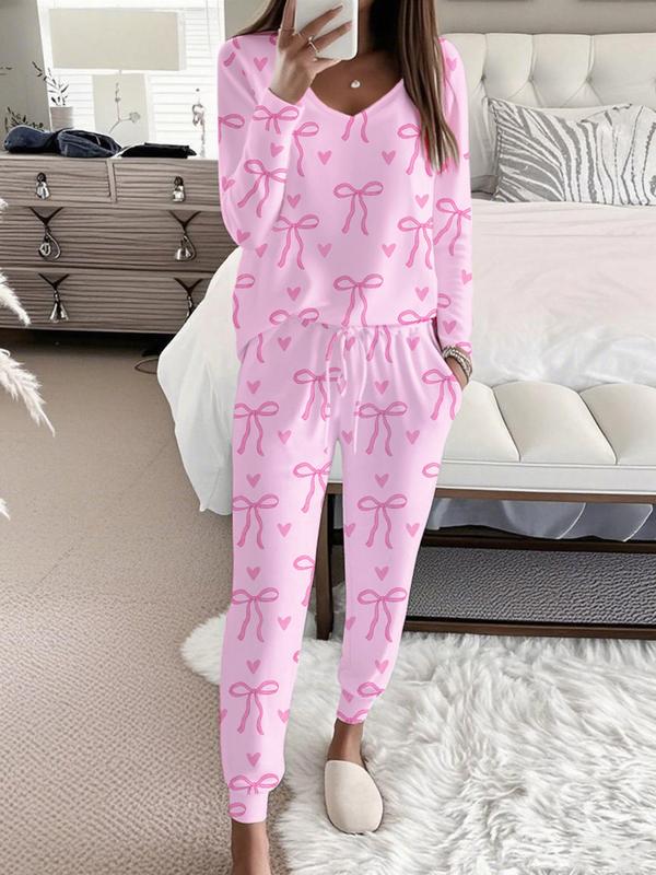 HALLIE™ - Langarm-Oberteil mit Schleifenmuster und V-Ausschnitt & Hose mit Bindeband in der Taille Set