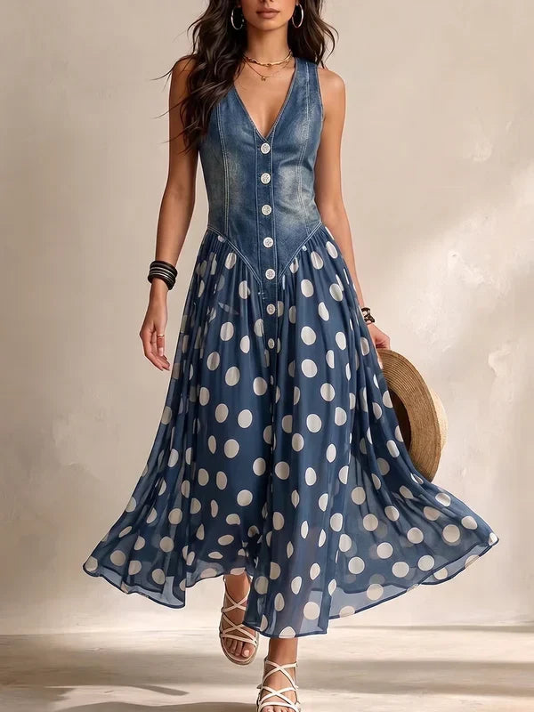 Maya | Kleid mit Denim-Oberteil und gepunktetem Rock