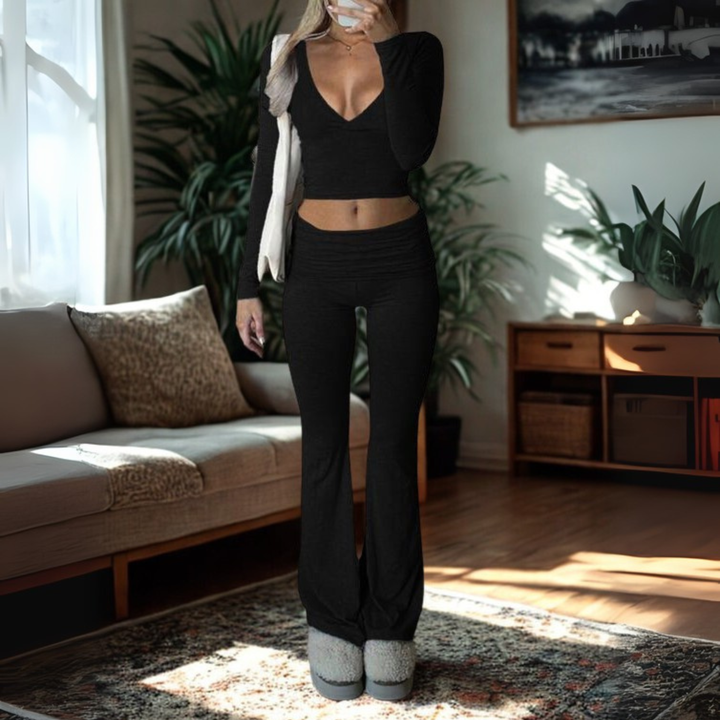 SINA™ - Lässiges V-Ausschnitt Langarm Crop Top und Hosen Set