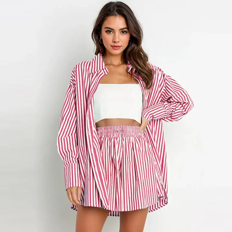 TIFY™ – Schickes gestreiftes Hemd mit Kragen und weitem Shorts-Set