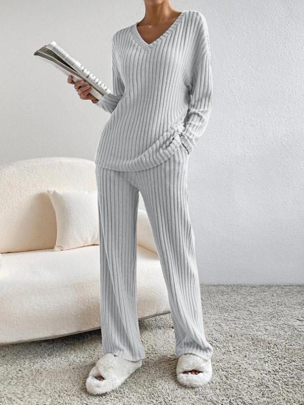 SUMMER™ - Lässiges V-Ausschnitt Langarm-Oberteil & Lounge-Hose mit geradem Bein Set