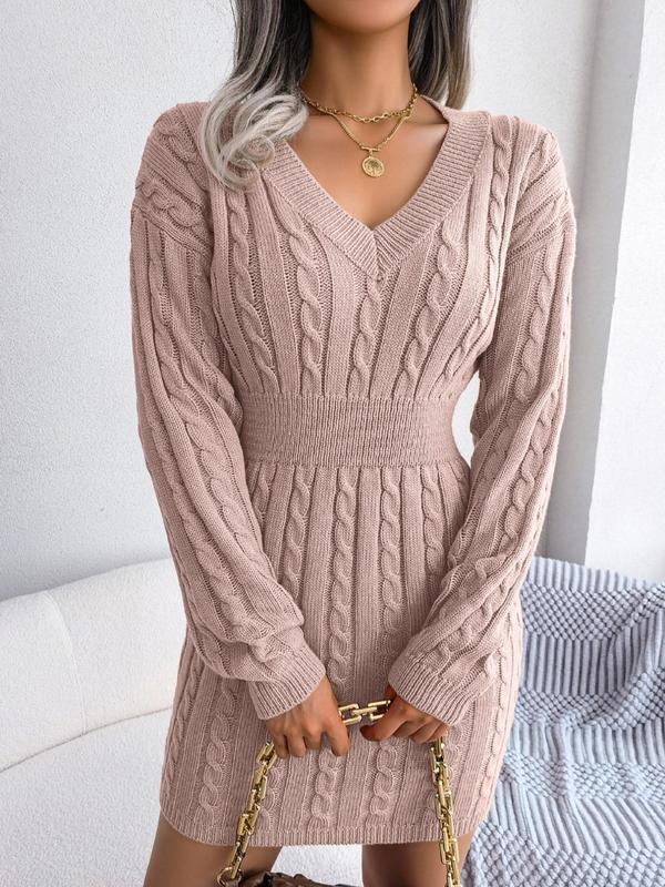 HOLLY™ – Gemütliches langärmeliges V-Ausschnitt-Zopfmuster-Strickkleid