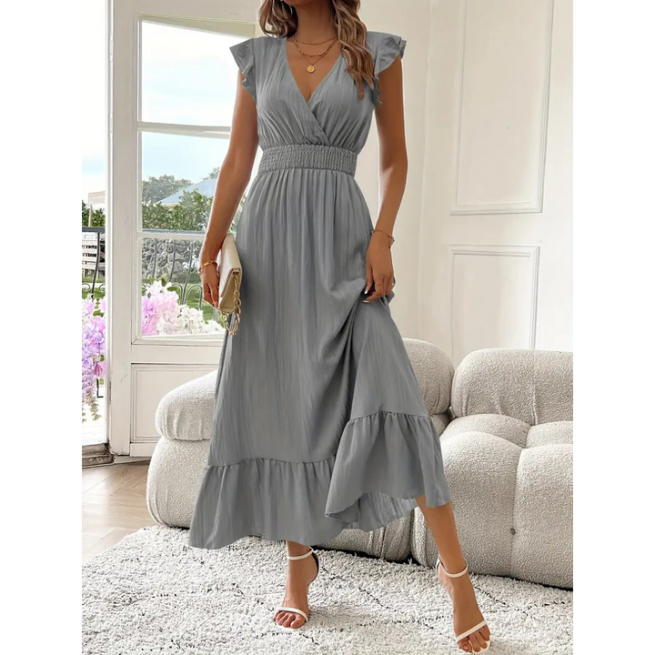 AVALERI™ – Elegantes gerafftes Sommer-Maxikleid mit V-Ausschnitt