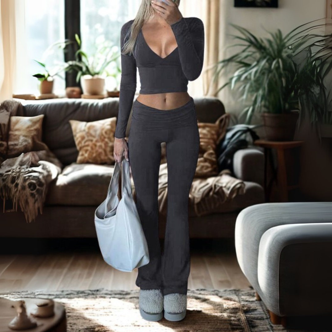 SINA™ - Lässiges V-Ausschnitt Langarm Crop Top und Hosen Set