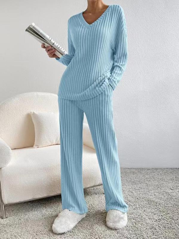SUMMER™ - Lässiges V-Ausschnitt Langarm-Oberteil & Lounge-Hose mit geradem Bein Set