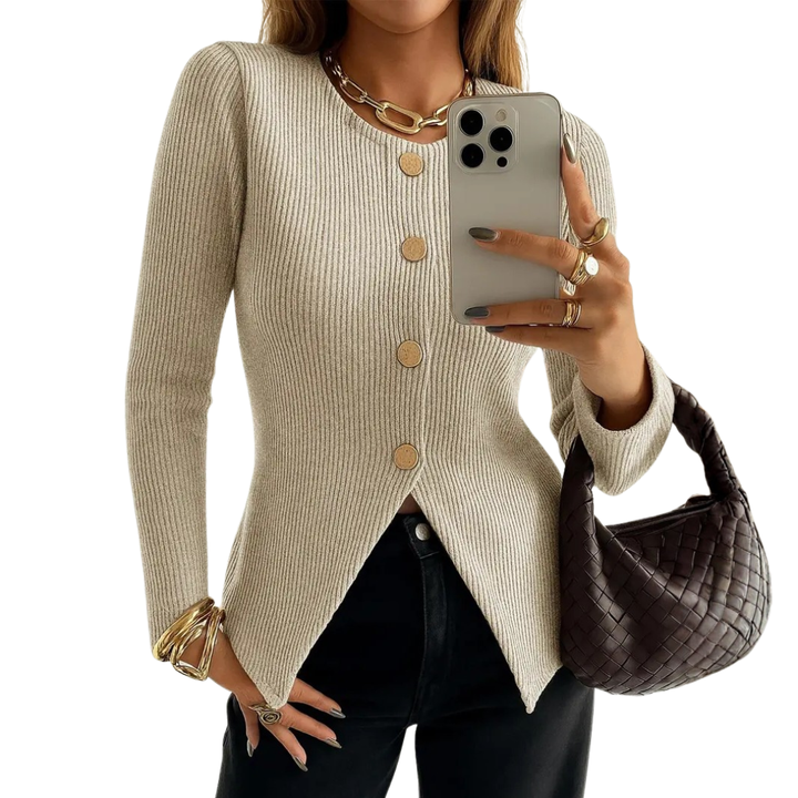 NADIRA™ – Verdrehtes geripptes Stricktop mit Knopfleiste