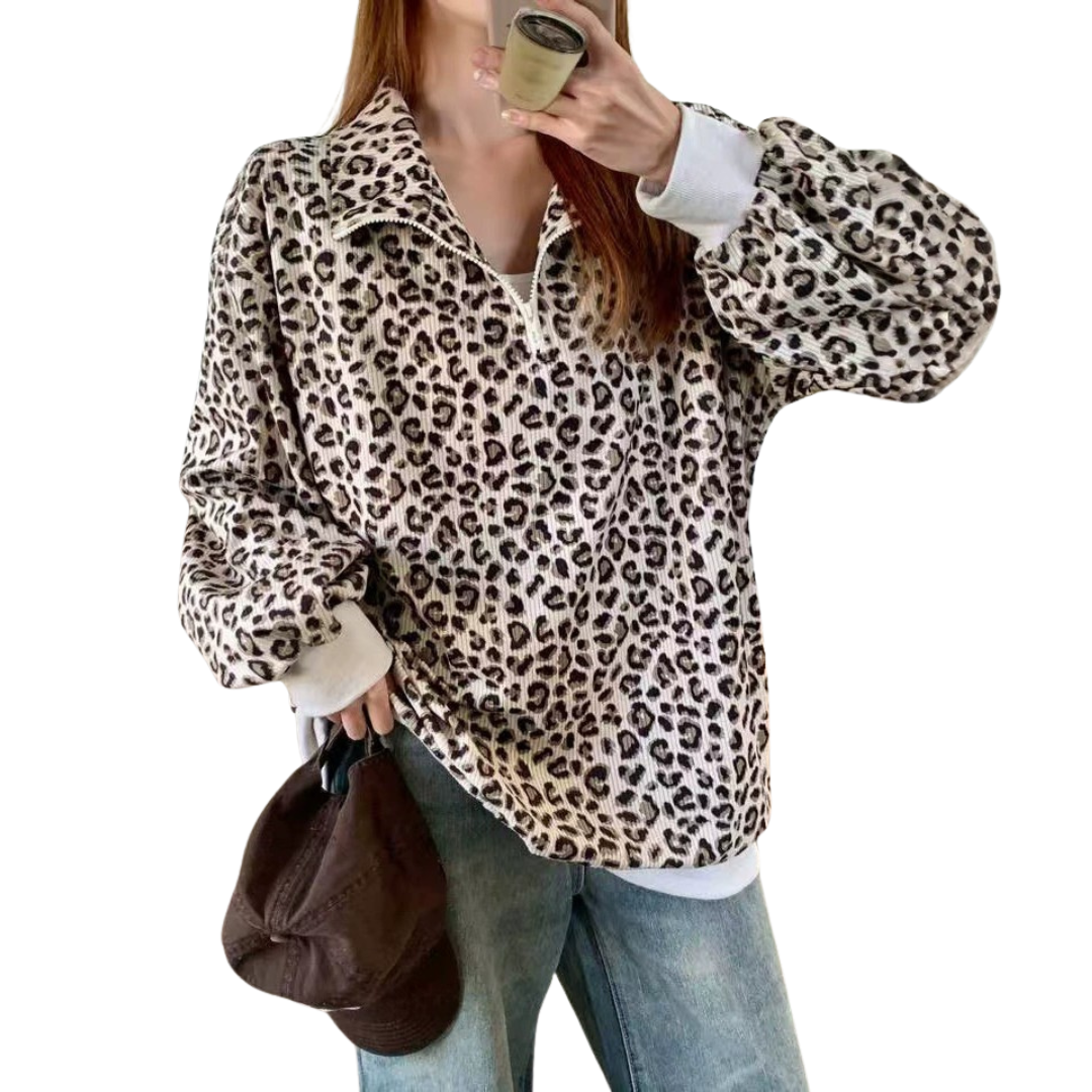 PAXON™ – Cord-Kapuzenpullover mit Leopardenmuster und Reißverschluss