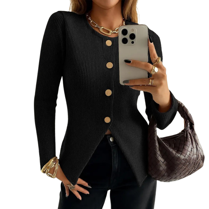 NADIRA™ – Verdrehtes geripptes Stricktop mit Knopfleiste