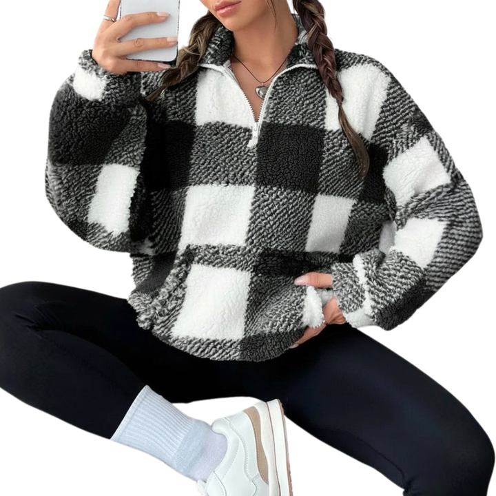 JOELLE™ – Gemütliches Plaid Half-Zip Fleece-Sweatshirt