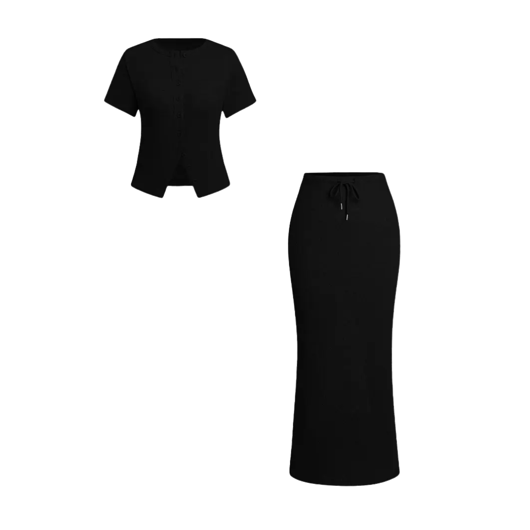 WREN™ – Elegantes zweiteiliges Set aus T-Shirt mit Knopfleiste und Rock mit Schlitz