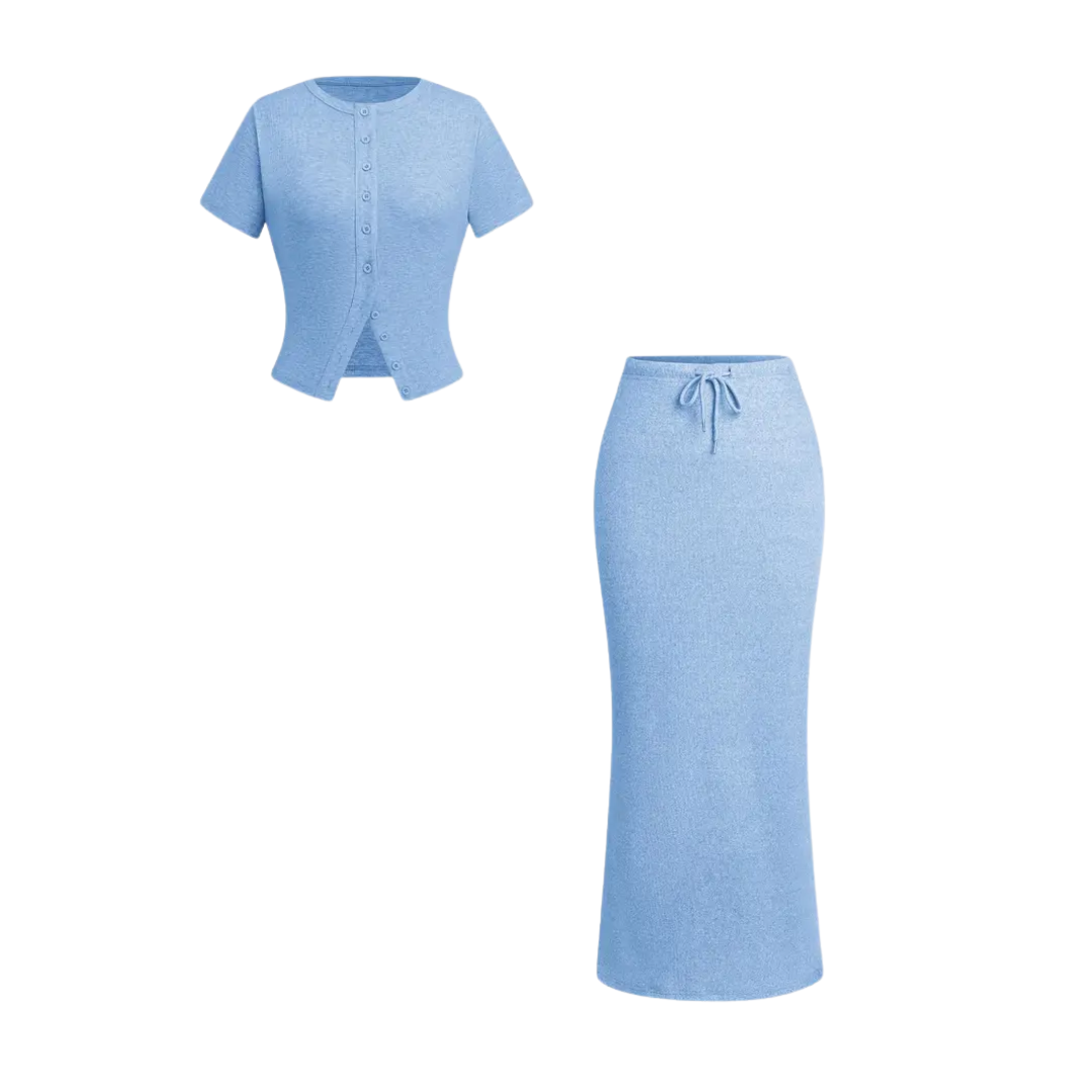 WREN™ – Elegantes zweiteiliges Set aus T-Shirt mit Knopfleiste und Rock mit Schlitz