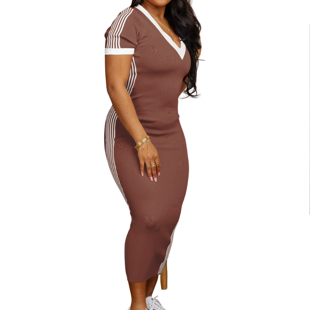 TATUM™ – Lässiges V-Ausschnitt-Kleid mit gestreiften Abschlüssen