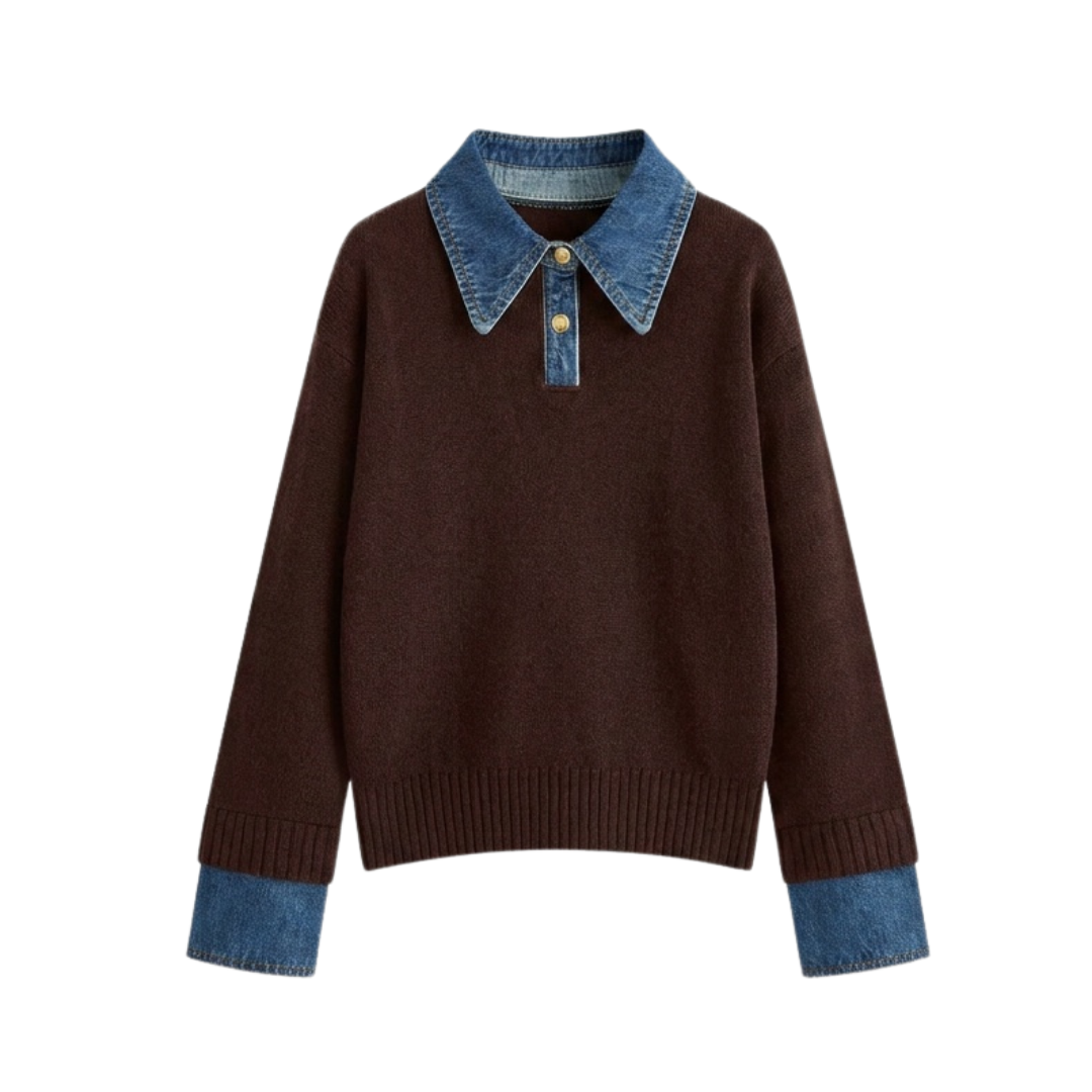 SOLVEI™ – Gemütlicher Polo Denim Ärmel 2-in-1 Panel Revers Pullover