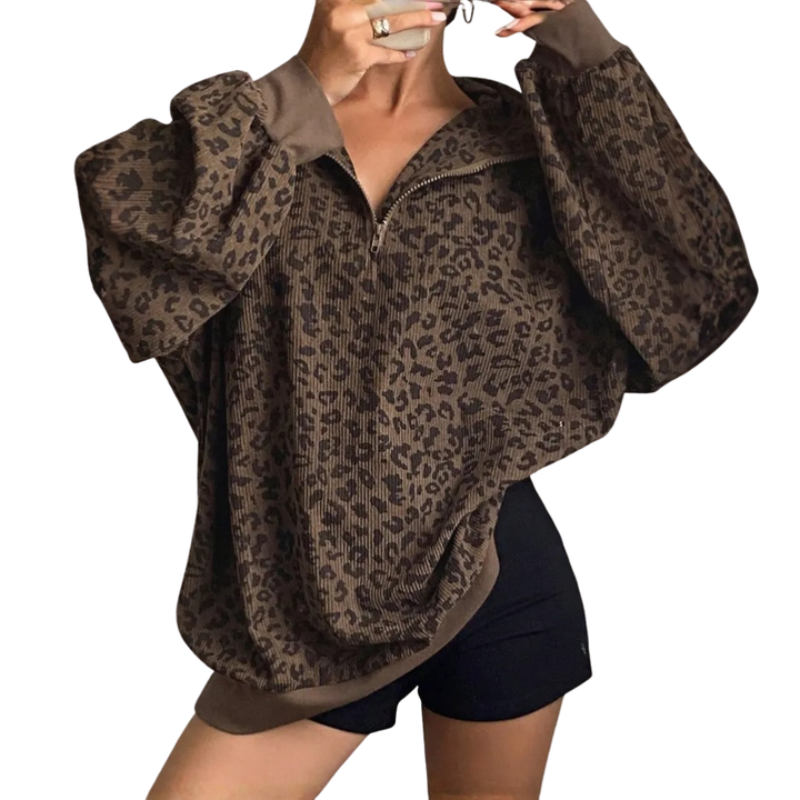 PAXON™ – Cord-Kapuzenpullover mit Leopardenmuster und Reißverschluss
