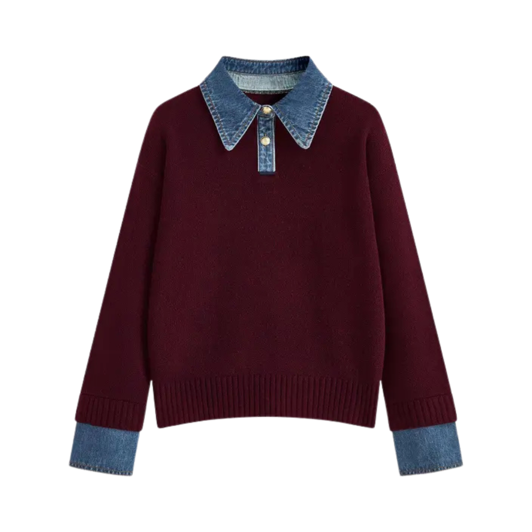 SOLVEI™ – Gemütlicher Polo Denim Ärmel 2-in-1 Panel Revers Pullover
