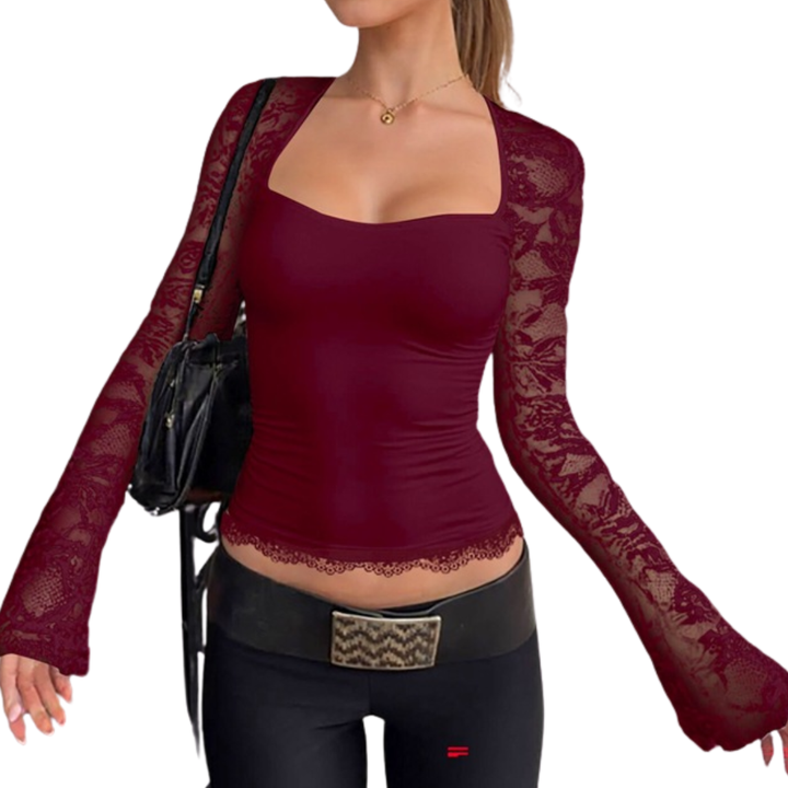 LENNA™ – Durchsichtiges Spitzen-T-Shirt mit Blumenrüschen