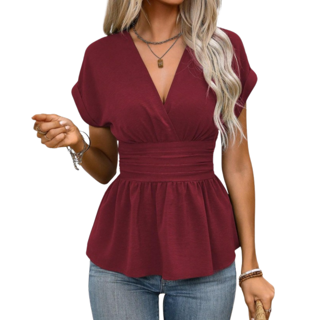 WREN™ – Gerüschte Plissée-Bluse mit V-Ausschnitt