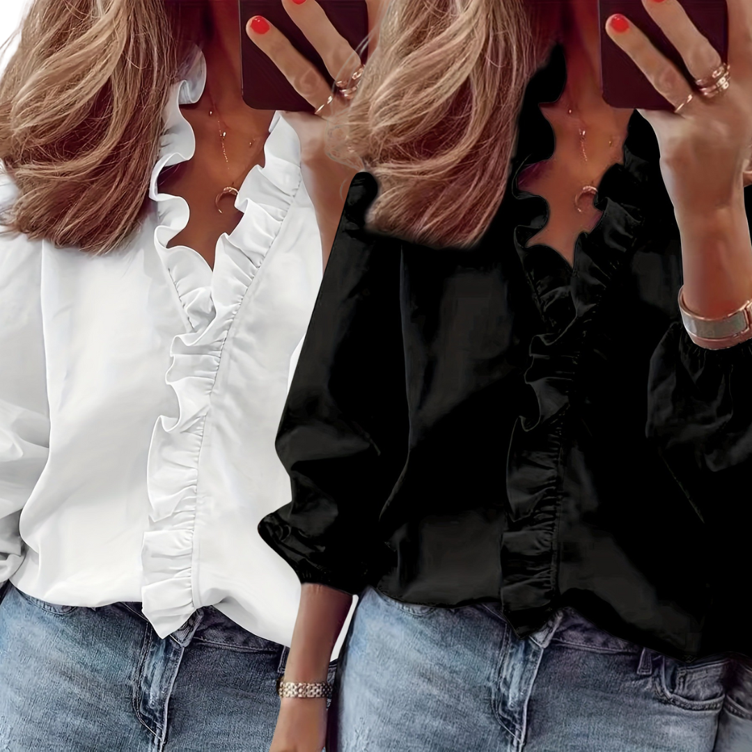 LORELEI™ - Zeitlose V-Ausschnitt Bluse mit Rüschen für lässige Eleganz