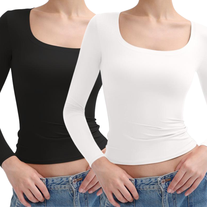 NINA™ – Doppellagiges, minimalistisches Langarm-Top mit U-Boot-Ausschnitt