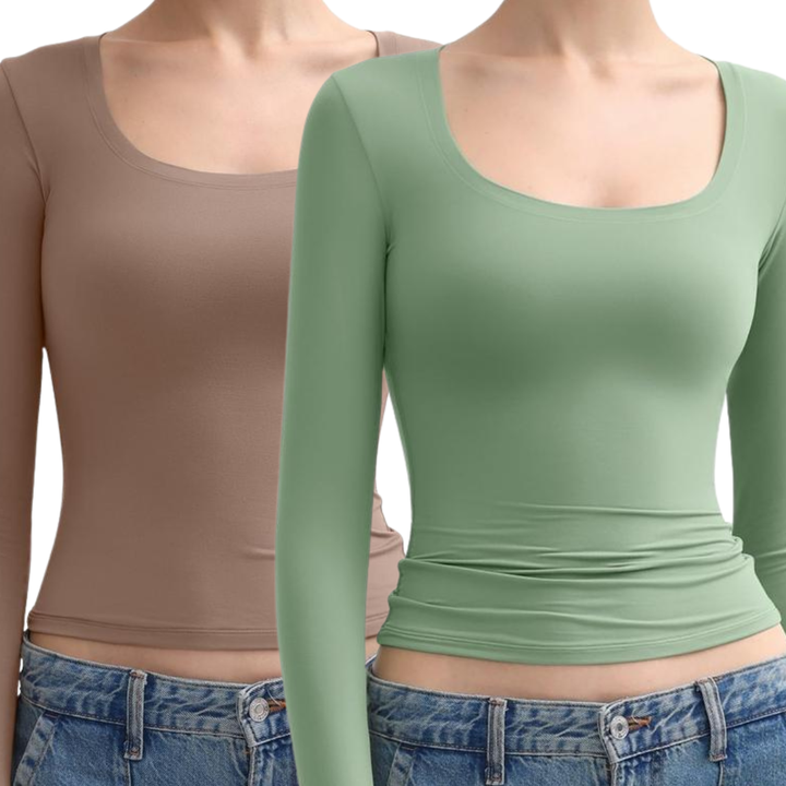 NINA™ – Doppellagiges, minimalistisches Langarm-Top mit U-Boot-Ausschnitt