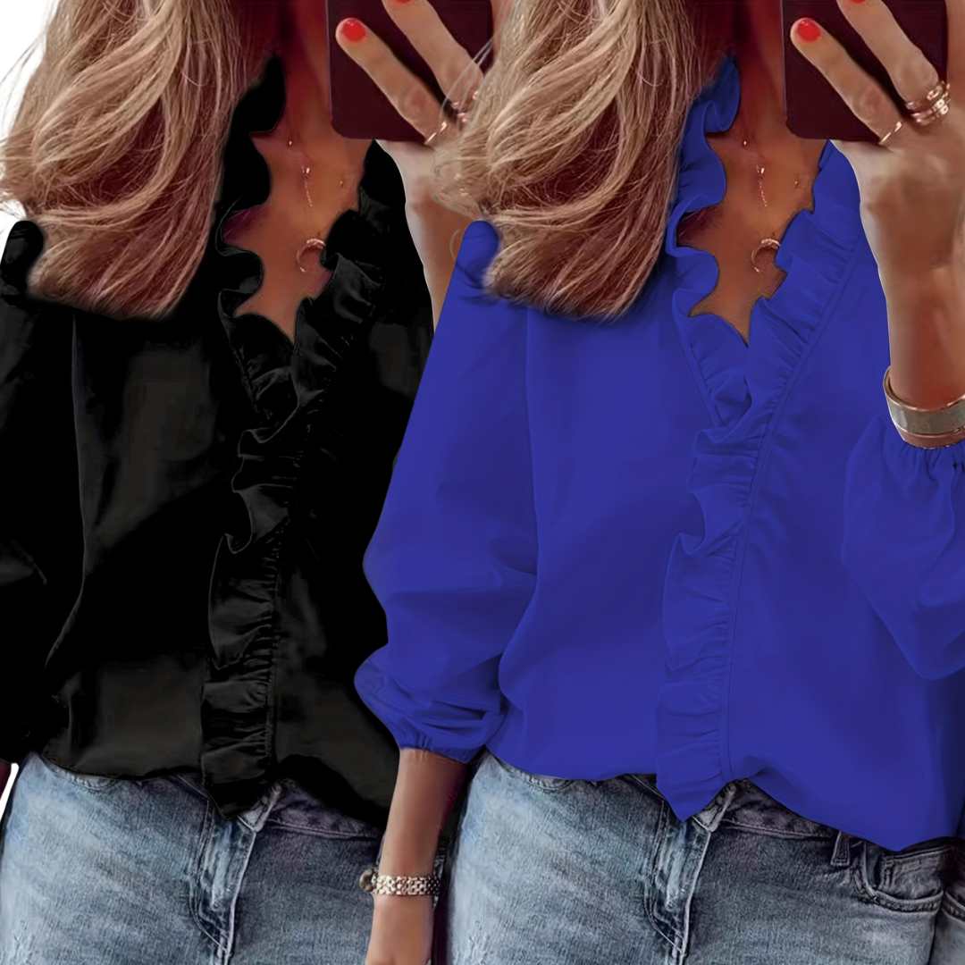 LORELEI™ - Zeitlose V-Ausschnitt Bluse mit Rüschen für lässige Eleganz