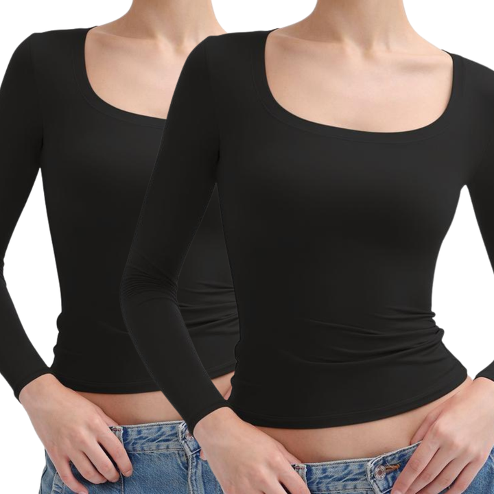NINA™ – Doppellagiges, minimalistisches Langarm-Top mit U-Boot-Ausschnitt