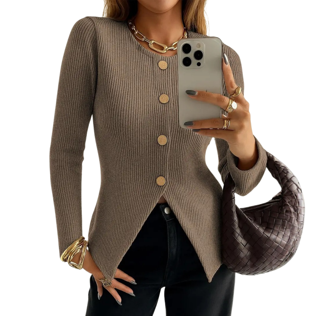 NADIRA™ – Verdrehtes geripptes Stricktop mit Knopfleiste