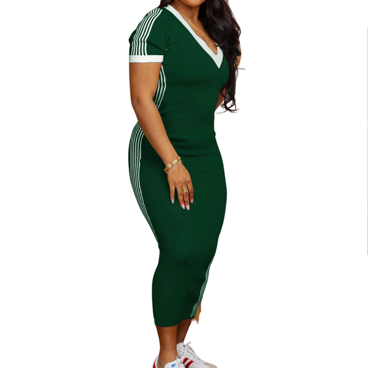 TATUM™ – Lässiges V-Ausschnitt-Kleid mit gestreiften Abschlüssen
