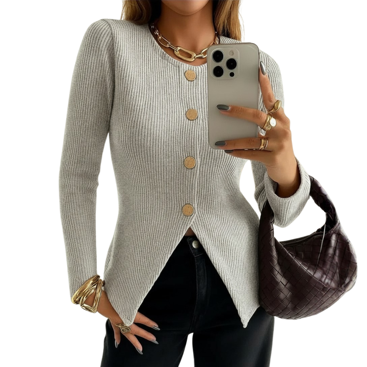 NADIRA™ – Verdrehtes geripptes Stricktop mit Knopfleiste