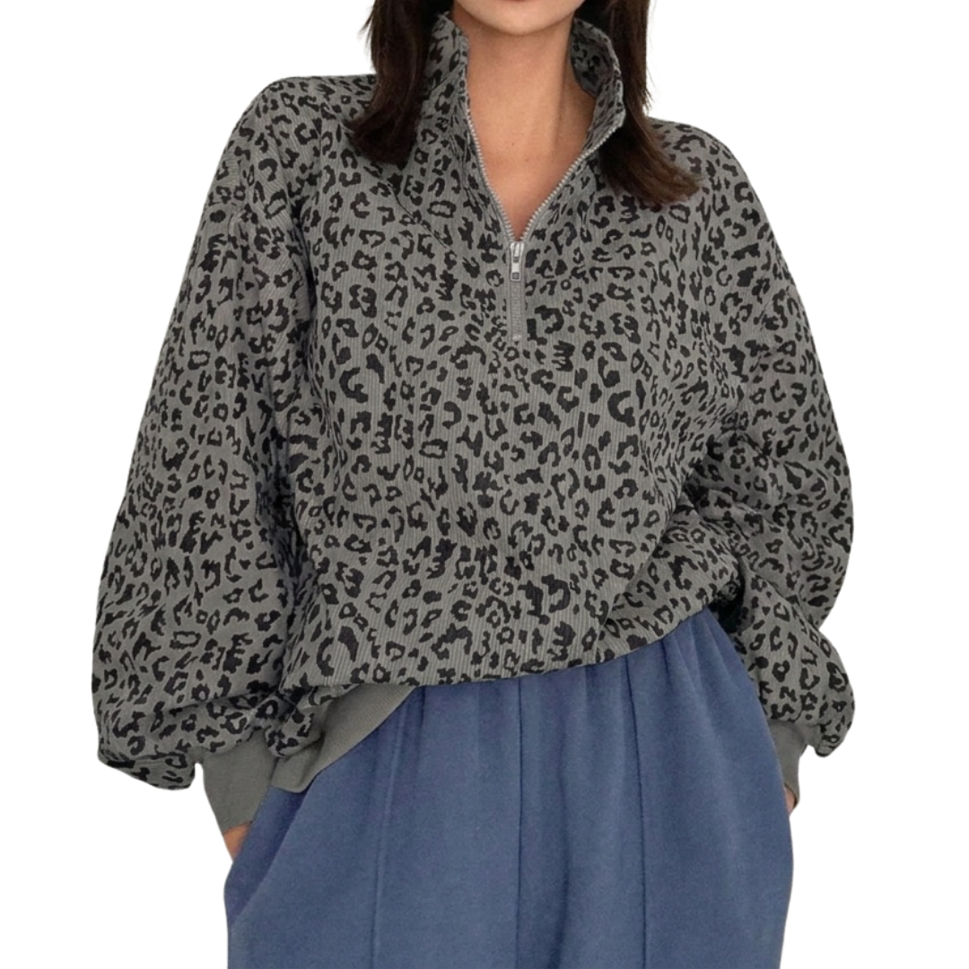 PAXON™ – Cord-Kapuzenpullover mit Leopardenmuster und Reißverschluss