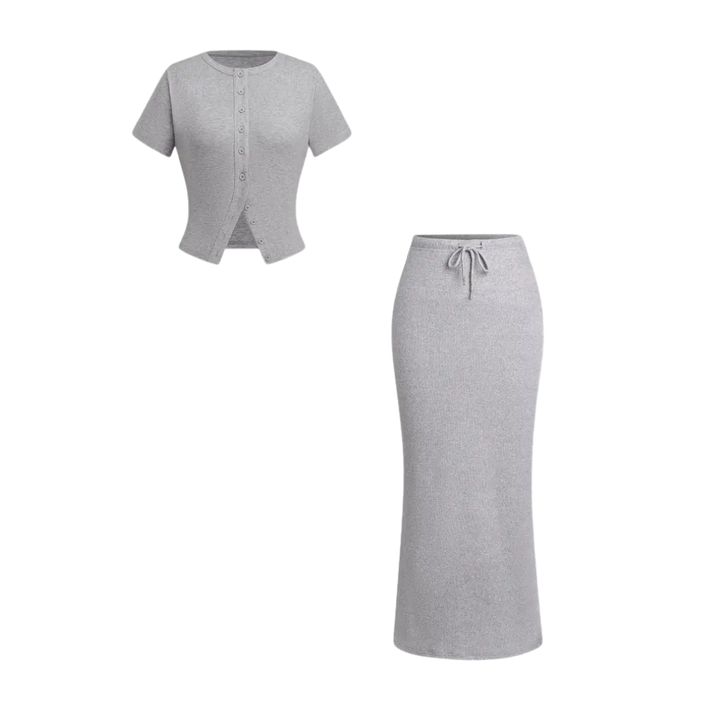 WREN™ – Elegantes zweiteiliges Set aus T-Shirt mit Knopfleiste und Rock mit Schlitz
