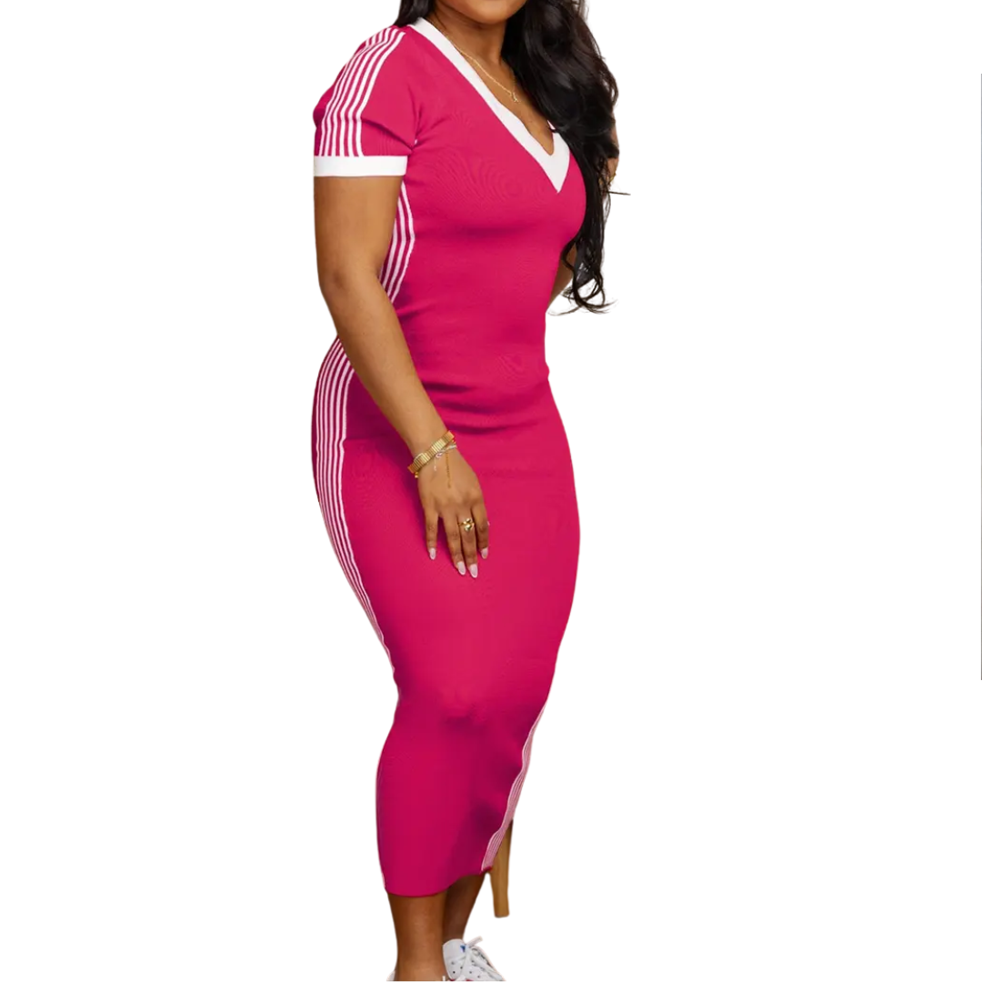TATUM™ – Lässiges V-Ausschnitt-Kleid mit gestreiften Abschlüssen