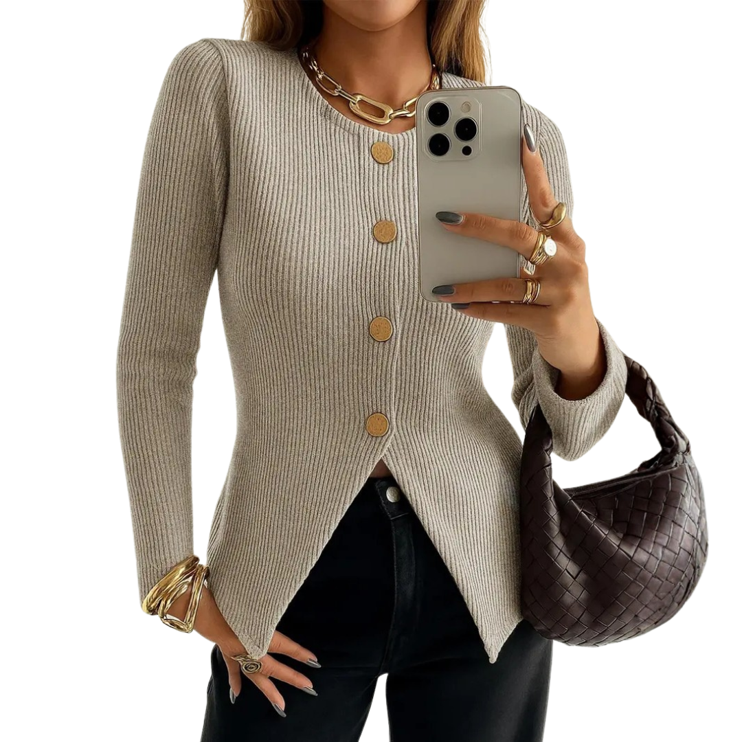 NADIRA™ – Verdrehtes geripptes Stricktop mit Knopfleiste