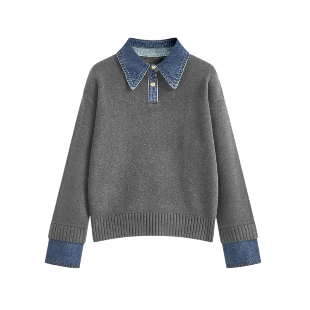 SOLVEI™ – Gemütlicher Polo Denim Ärmel 2-in-1 Panel Revers Pullover