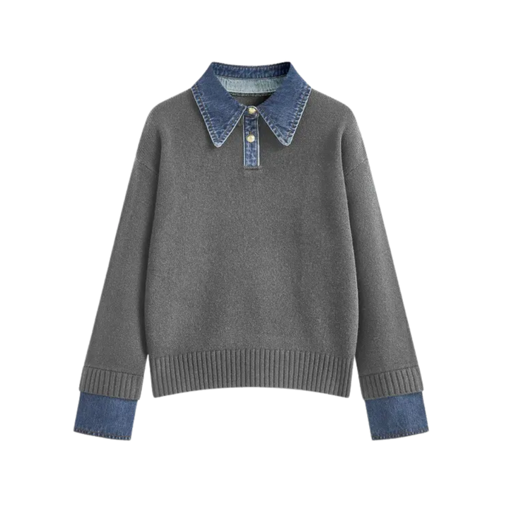 SOLVEI™ – Gemütlicher Polo Denim Ärmel 2-in-1 Panel Revers Pullover