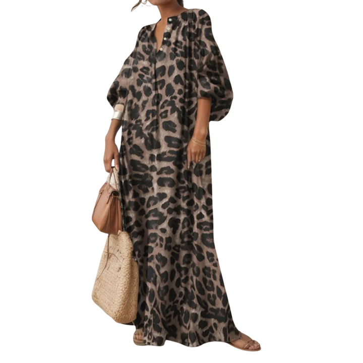 WILDA™ – Boho Maxikleid mit Puffärmeln und Leopardenmuster