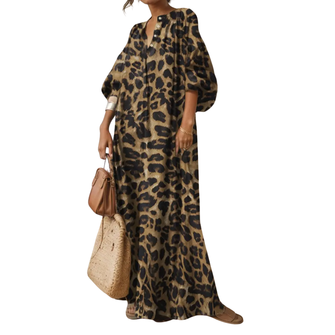 WILDA™ – Boho Maxikleid mit Puffärmeln und Leopardenmuster
