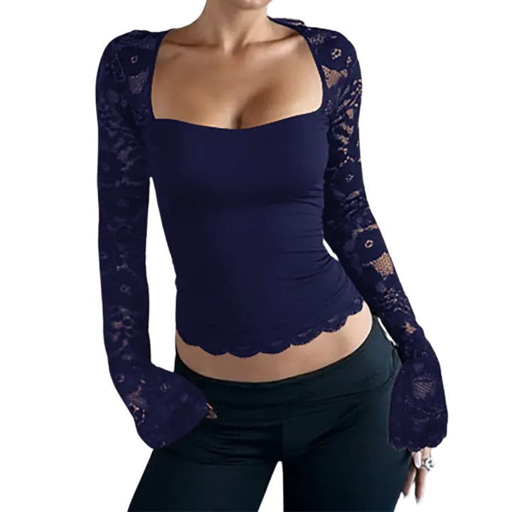 LENNA™ – Durchsichtiges Spitzen-T-Shirt mit Blumenrüschen