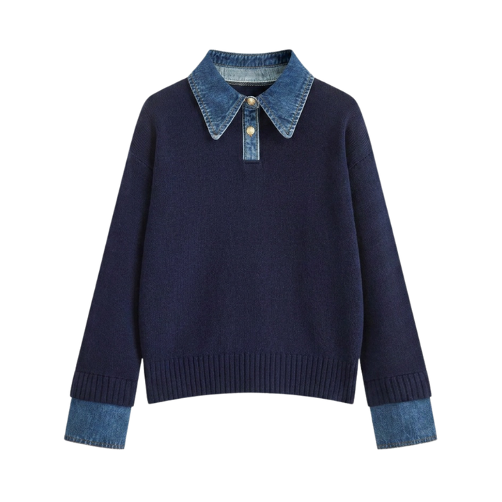 SOLVEI™ – Gemütlicher Polo Denim Ärmel 2-in-1 Panel Revers Pullover