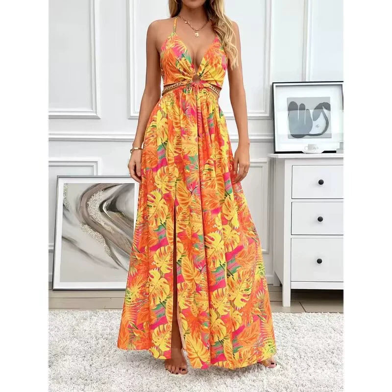 HANNAH™ - Camisole-Kleid mit Blumenmuster, Kettenverzierung und Beinschlitz für den Strandurlaub