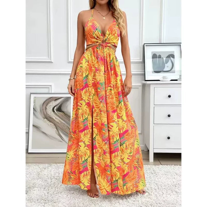 HANNAH™ - Camisole-Kleid mit Blumenmuster, Kettenverzierung und Beinschlitz für den Strandurlaub