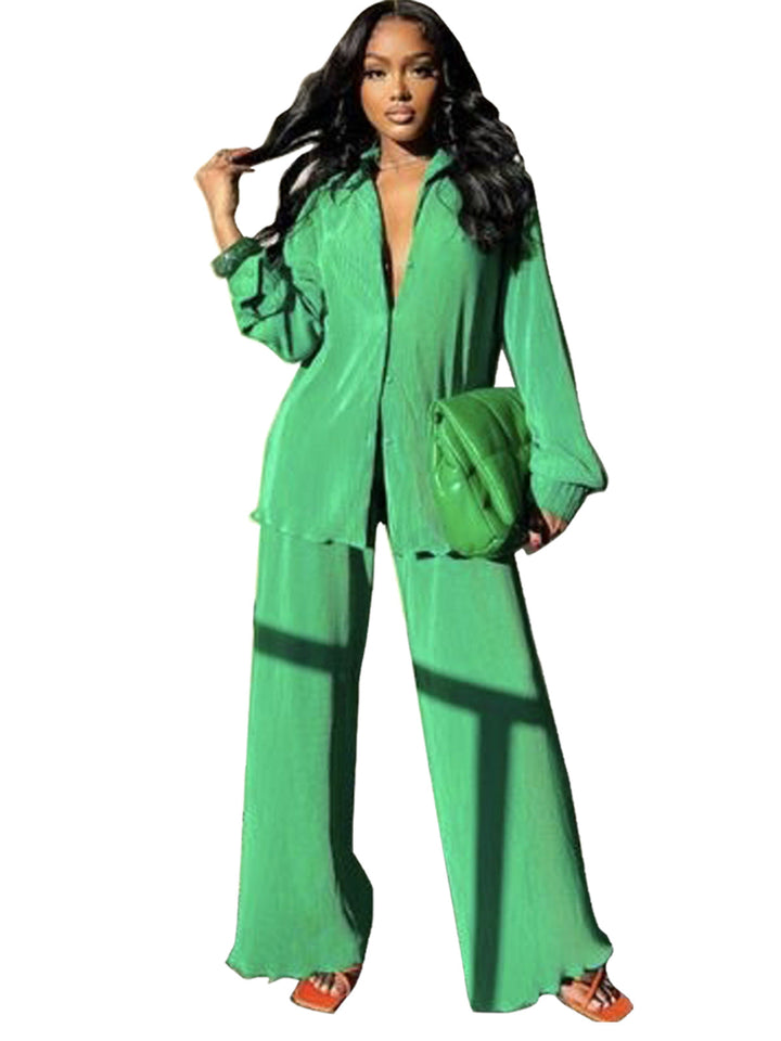 CLEO™ – Elegantes Set aus langärmligem Oberteil mit Kragen und weiter Hose