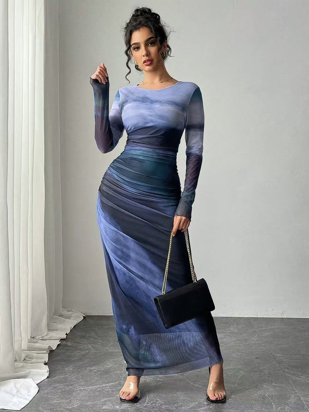 TORINA™ - Gemütliches, bedrucktes, langärmeliges Bodycon-Maxikleid mit Rundhalsausschnitt