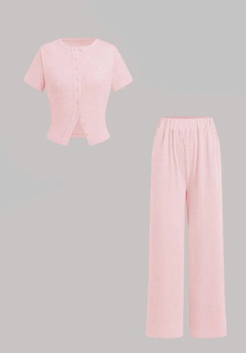 MIRANDA™ - Legeres Oberteil mit Knopfleiste und Hose mit weitem Bein Set